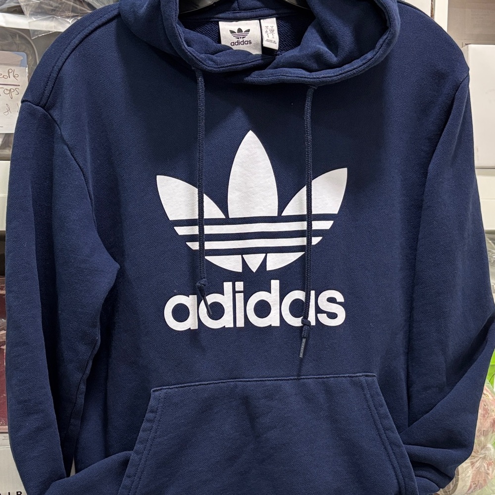 Adidas Men's Dark Blue Hoodie with White Logo Pre-Owned